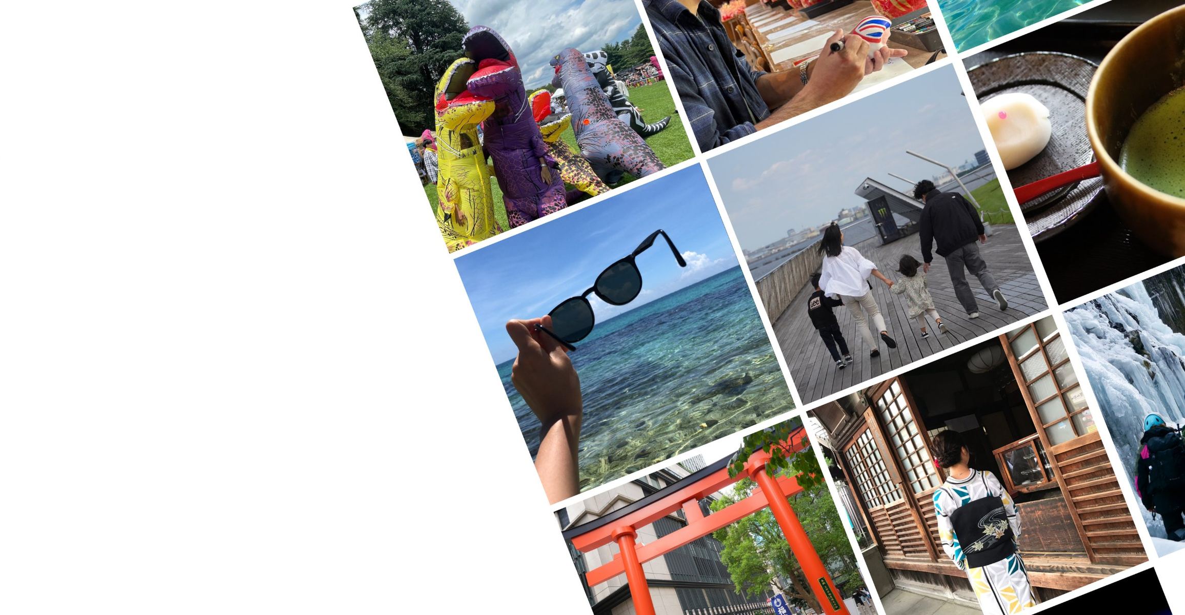 A collage of travel moments in Japan: a torii gate, matcha and sweets, a kimono stroll, a family by the harbour, a frozen waterfall and clear blue sea
